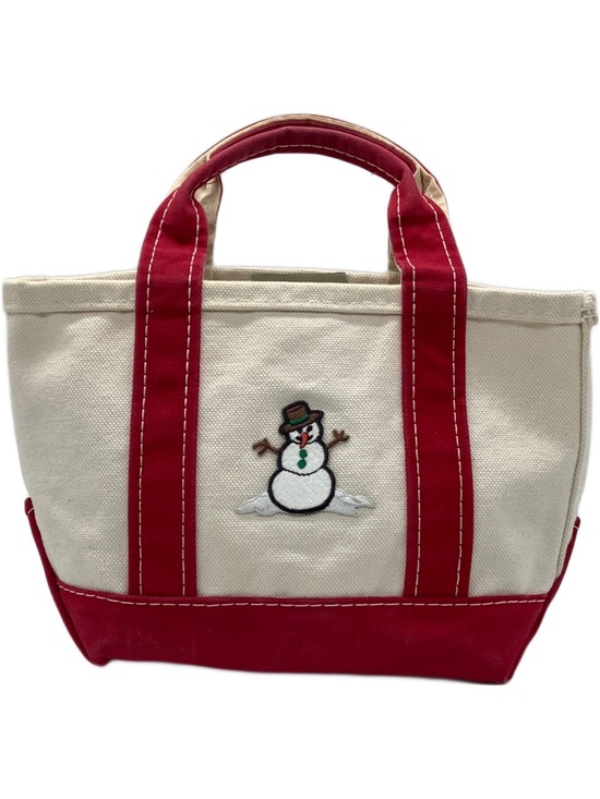 L.L. Bean Handbags - L.L. Bean Vintage Cream Canvas Boat and Tote with Red Trim and Snowman Patch